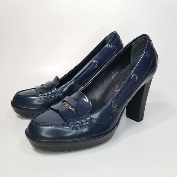 Tod's Women's Patent Leather Penny Loafer Pumps Blue Size EU 35/US 5 block heel - Picture 15 of 15